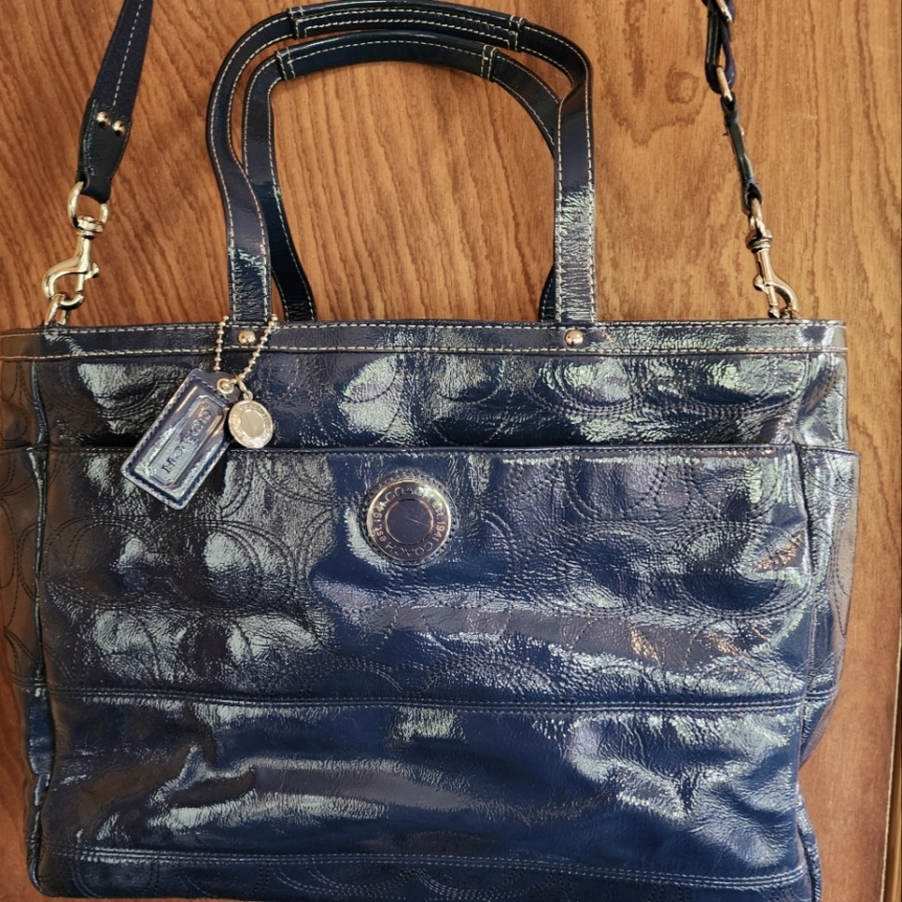 Coach Blue Patent Leather Tote Diaper Weekend bag. No. F19256 Signature Stitched